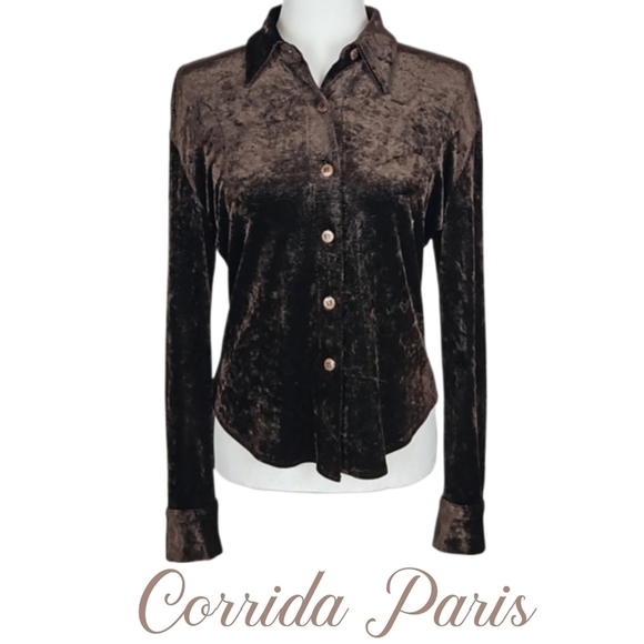 Vintage Tops - Vintage Corrida Paris Subtle Sparkle Long Sleeve Shirt in Dark Brown, 2